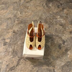 Sesto Meucci Cream and Orange T-Strap Heels with Decorative Cutouts